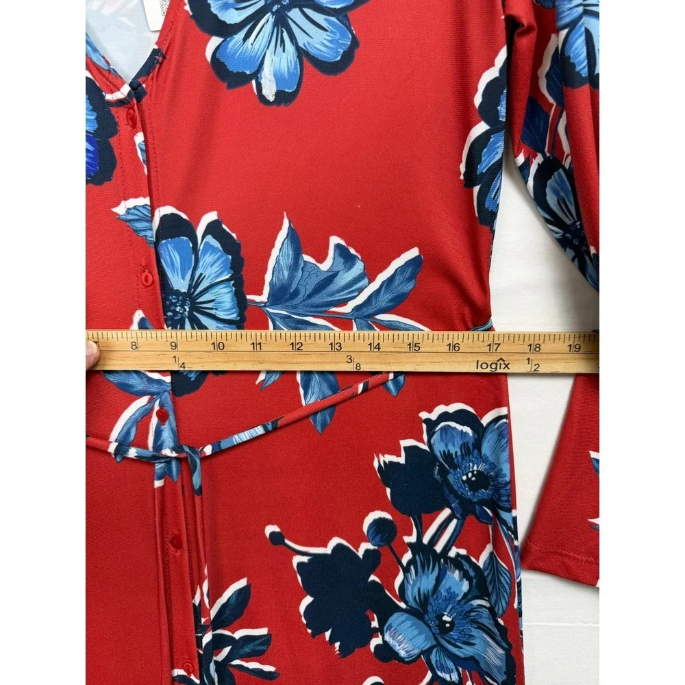 Zara Red Blue Floral Long‎ Sleeve Button Front Midi Dress Small Colorful Boho